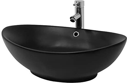 ML-Design Waschbecken aus Keramik in Schwarz Matt 59x38x19cm Ovale Aufsatzwaschbecken, Moderne Waschtisch, Waschschale mit Überlauf und Abflussloch, Waschplatz Handwaschbecken, für Badezimmer/Gäste-WC