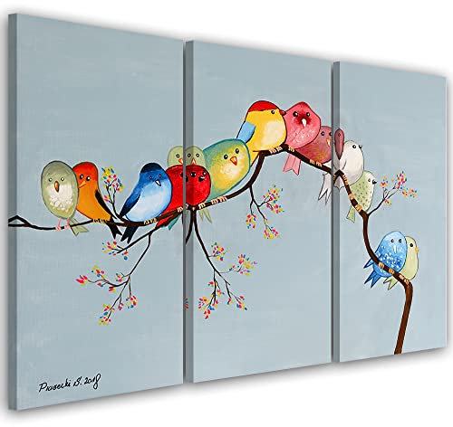 Feeby 3-teilig Vlies Leinwandbild 90x60 cm Für Kinder Zeichentrickfilm Grafik Tiere Wanddeko Design Kunstdruck Zimmerdeko Bilderwand Bunte Vögel auf einem Zweig Baum Abbildung mehrfarbig