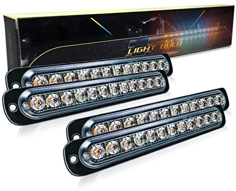 SKYWORLD Luci stroboscopiche a LED, 4pz Ultra sottile 12 LED 12V 24V Lampeggiante Luci stroboscopiche di emergenza Strobo Barra Luminosa per Moto Auto Camion Truck Trailer, Bianco + Ambra