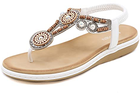 ZOEASHLEY Sandalen Damen Sommer Flache Zehentrenner Sandaletten Bohemian Flip Flops Weiß07 38