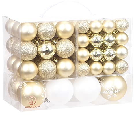 Sea Team 99 Pieces of Assorted Christmas Ball Ornaments Shatterproof Seasonal Decorative Hanging Baubles Set with Reusable Hand-held Gift Package for Holiday Xmas Tree Decorations, Gold
