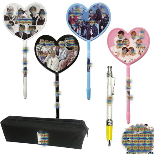 HJYZY Lot de 5 à crayons gel + trousse BTS Bangtan Boys en forme de cœur avec autocollants BTS pour cadeaux de fans Encre noire