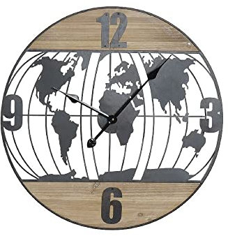 DKD Home Decor Horloge Murale de Marque Noir Fer Bois MDF Carte du Monde (60 x 2 x 60 cm) (Référence : S3026651)
