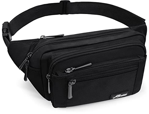 HNOOM Bauchtasche mit Regenhülle Gürteltasche Hüfttasche für Herren und Damen Groß Nylon Fanny Pack mit 5 Reißverschlusstaschen für Outdoor Reisen Sport Wandern Joggen Hundespaziergänge (Schwarz)