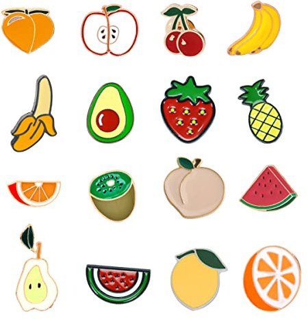 16 Stück Cute Emaille Pins Anstecker Set Frucht Anstecknadel Cartoon Brosche Abzeichen für Kleidung Taschen Pullover Schals Hut Kragen Anzüge Rucksack DIY Avocado Pfirsich Erdbeere Zitrone