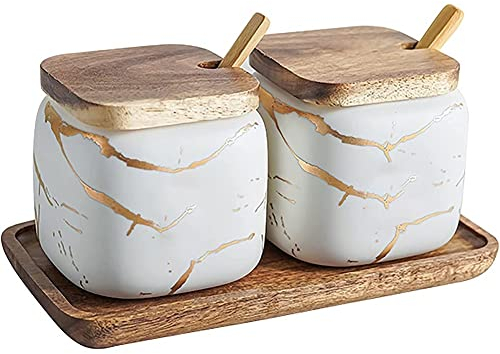 MAGICVOGEL Lot de 2 boîtes à épices en céramique aspect marbre avec cuillère et couvercle - 360 ml - Boîte de rangement avec plateau en bois (blanc)