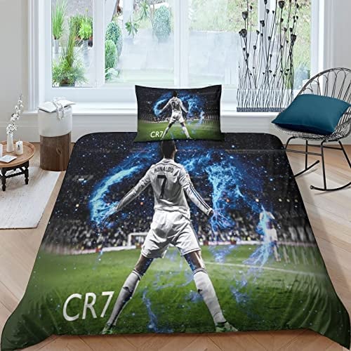 ENPAP Fußball Star Bettwäsche 3D Cristiano Ronaldo Bettbezug Set Single(135x200cm) Bettwäsche Set 3 Teilig Mikrofaser Mit Reißverschluss Und Kissenbezug,Bettwäsche Für Erwachsene Und Teenager