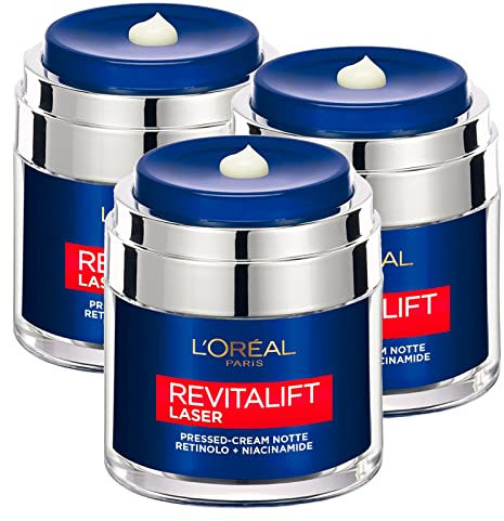 L'Oréal Paris Revitalift Laser Crème Nuit Anti-Rides Corrige le Coloré Peau Lumineuse Formule avec Rétinol et Niacinamide Doseur à Pression - 3 Pots de 50 ml