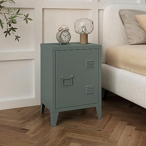 [en.casa] Nachttisch Inari Nachtschrank Dunkelgrau Nachtkästchen mit Einer Schranktür Sofatisch Türgriff Links Metall Nachtkommode 57 x 40 x 30 cm Büroschrank