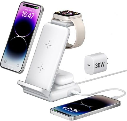 4 in 1 Wireless Charging Station, Aluminum Wireless Charger for iPhone 15/14/13/12/11/X/8, 30W Phone Charging Dock for Apple Watch Ultra/9/8/7/6/5/4/3/2/SE and AirPods Pro 2/3