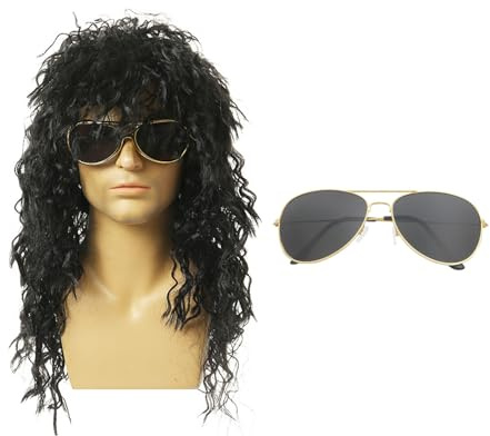 Black Rocker Wigs and Sunglasses, Halloween Wig, Glam Rock Fancy Dress Wig, Long Curly Hat Costume Wig, Rocker Fancy Dress Accessories, Black Curly Wig for Men