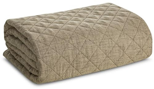 Eurofirany Tagesdecke, Leinoptik, Karomuster Steppung, Doppelbett, Karierter Überwurf, Einfarbig, Grau, Beige (Dunkelbiege 1, 170 x 210 cm)