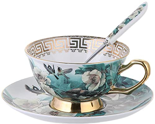 HUAMu Ensemble de tasse et soucoupes en porcelaine anglaise avec cuillères, motif jardin printanier, tasses à thé, tasses à café, tasses à thé en porcelaine florale…
