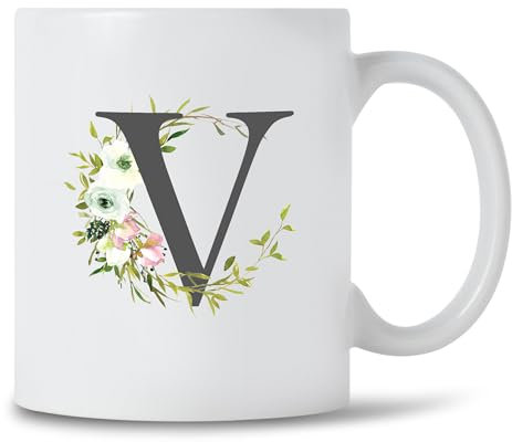 Seriously Frank Personalised Floral Initial Coffee Mug, Grey Text, A-Z Letters of The Alphabet Decorated with Flowers (Initial V)