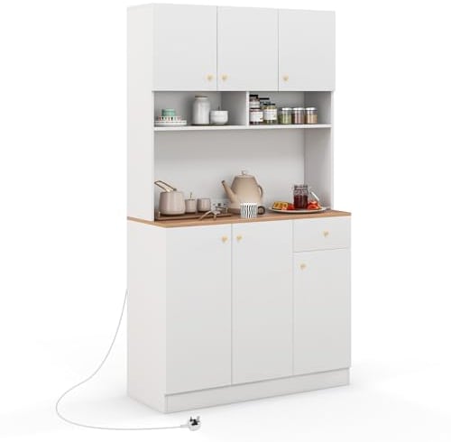 COSTWAY Tall Kitchen Cupboard, 6-Door Buffet Pantry Storage Cabinet with Outlets, USB Ports, Adjustable Shelves & Anti-Tipping Kits, Freestanding Sideboard Organizer Unit for Dining Room Living Room