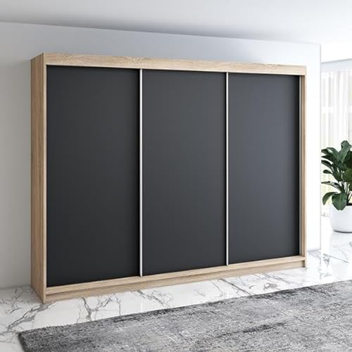A&J MöbelLand Moderne 3-türiger Kleiderschrank mit Schwebetüren und 4 Schubladen, 200 cm, Weiß (Sonoma/schwarz)