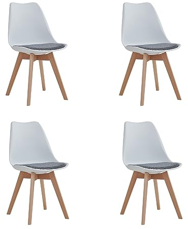 DEYARNA HOME 4er Set Moderne Esszimmerstühle, Skandinavische Stühle mit Beinen aus Massivem Buchenholz, Gepolsterte Stühle (Leinen) für Küche, Esszimmer & Wohnzimmer (Weiß)