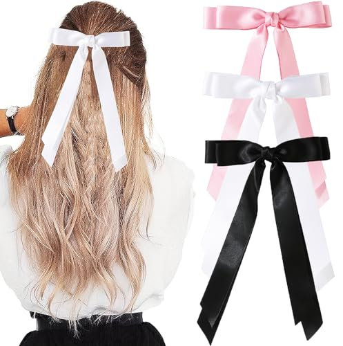 Begpoee 3 Pièces Rubans à Cheveux pour Femme avec Nœud, Nœuds à Cheveux En Ruban pour Femmes, Pinces à Cheveux avec Longue Queue, Pour Les Fêtes, Mariages, Anniversaires, Noël(Noir, Blanc, Rose)