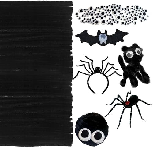VntMQP Chenille-Faden-Set, Pfeifenreiniger-Set, bunt, zum Basteln, 30 cm x 6 mm Pfeifenreiniger, geeignet für Blumen, kleine Tiere, Halloween, Weihnachten DIY-Kunstwerke (200 Schwarz + Augen)