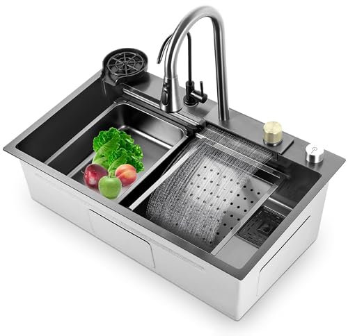 Fregadero de Cocina Estación de trabajo para fregadero de estilo rústico, color gris pistola, con fregadero de cocina de doble cascada, grifo abatible, juego de fregadero de acero inoxidable con aran