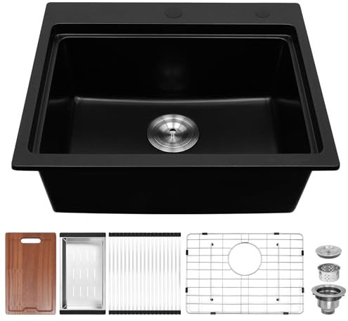Davivy 22 Inch Black Granite Composite Kitchen Sink Workstation - Dual Mount, Quartz, Matte Black Single Bowl, 22 X 19