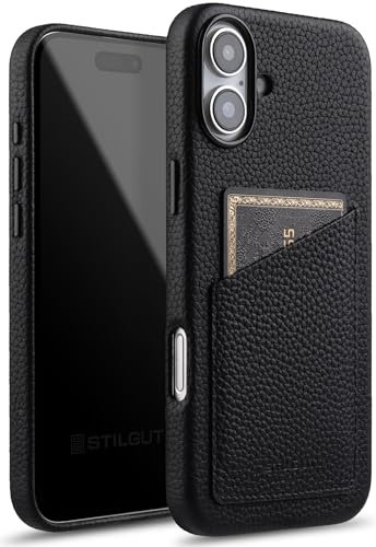 STILGUT Cover kompatibel mit iPhone 16 Hülle mit Kartenfach, Case aus Leder, Kartenhülle - Schwarz