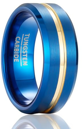 SOXEMAN 8mm breiter Unisex-Wolfram-Hochzeitsring, Akzentkanal-Design mit abgeschrägten Kanten (US-Größen) | Blau & Gold | US-Größe 12 (67,2 mm)