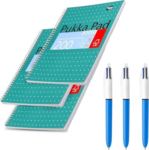 DLM Direct Pukka Pad A4 Metallic Jotta Book 3 Pack with BIC 4 Colours Original Pens 3 Pack, Wirebound Spiral Notebooks 200 Pages 80GSM, Perforated Sheets, 4 Hole Punch, 1.0mm