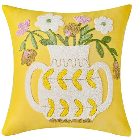 Yellow Floral Vase Embroidered Cushion Covers, Colourful Decorative Floral Square Throw Pillow Covers for Farmhouse Living Room Bedroom Sofa Home Decor Art 45 x 45 cm