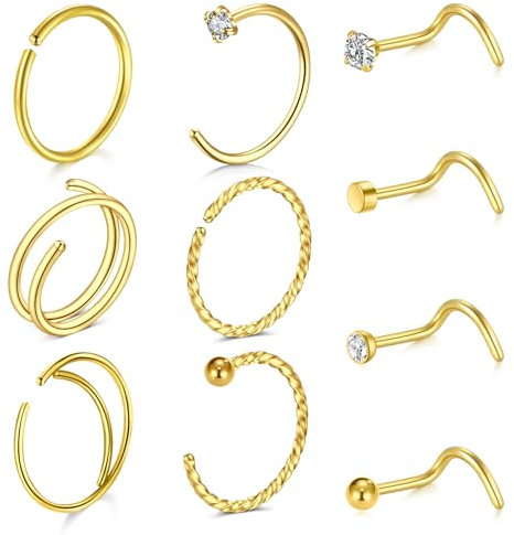 LAURITAMI 10 pièces 20G piercing nez anneaux mince, spirale acier chirurgical piercing nez connecteur double anneaux piercing nez set or, connecteur nasal avec zirconium pour femmes et hommes