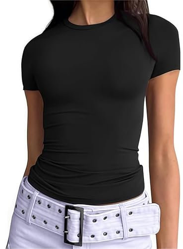 OYIGELZ Women's Basic T-Shirt Short Sleeve Crop Top Y2K Slim Fit Tops Casual Tee Shirts Streetwear(Black #1,S)