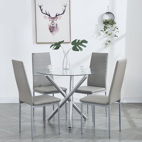 Moderno juego de comedor de cristal de 5 piezas con mesa redonda de 90 cm, 4 sillas de poliuretano, patas cromadas, muebles de cocina de espacio pequeño, plata/gris piedra