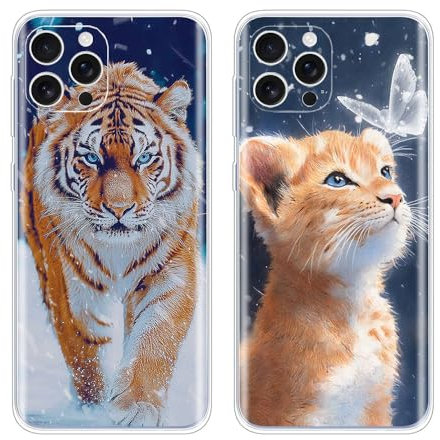 EuoDuo 2 Stück Kompatibel mit iPhone X/iPhone XS Hülle Tiere Muster Handyhülle Silikon Case Schutzhülle Weich TPU Dünn Handysocken Telefono Mädchen Frauen - Tiger Katze