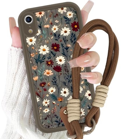 Yirlbey Coque pour iPhone XR avec Cordon de Bracelet, Silicone Étui avec Aesthetic Fleur Motif Flower Design, Antichoc Bumper Protection Housse avec Lanyard Cover Case pour iPhone XR 6,1, Brun