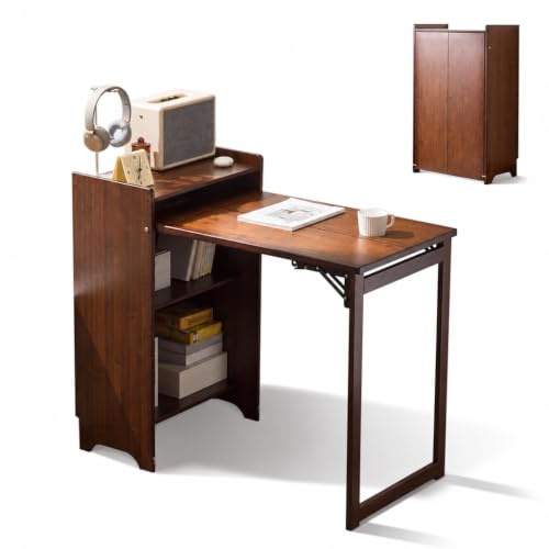 Bamboo Folding Desk with Storage Shelves, Space Saving Hide Away Desk | Mid Century Modern Bookcase with Drop Down Table for Home Bedroom Study Office