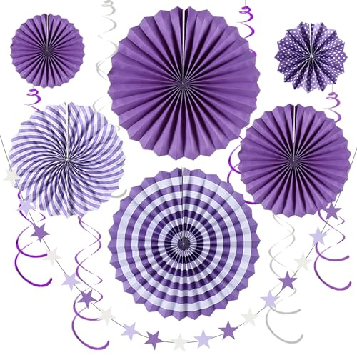 PYSEOSISE Papier Fächer Dekoration, 13 Stück Papierfächer Party Deko Lila, Papierblumen Deko Stern Girlande und Hanging Swirl für Hochzeit Geburtstag Karneval Babypartys Event