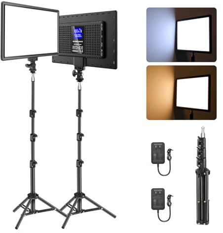 NEEWER BASICS 13 LED Video Light Panel, 2 Pack with Tripod Stands, NL-192B | Studio Lighting Kit, Bi Color Photo Key Light for Streaming Photography Podcast Recording, 2400Lux 3200-5600K CRI97+ 8000mAh