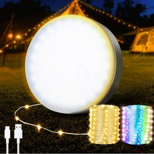 Electight 12M Camping Lichterkette, Aufrollbar USB Wiederaufladbare, Wasserdichte Tragbare Hängend Led Lichterkette mit 8 Beleuchtungsmodi, Warmweiß & Bunt, für außen Zelt Camping Garten Deko