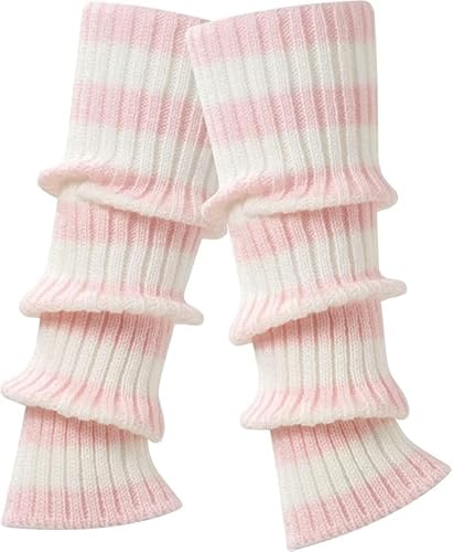 ALUNME Leg Warmers for Women - Leg Warmers 80s Ribbed Knitted Long Socks for Yoga Party Sports Fashion Accessories (1 Pair - Pink and White Stripes, onesize)