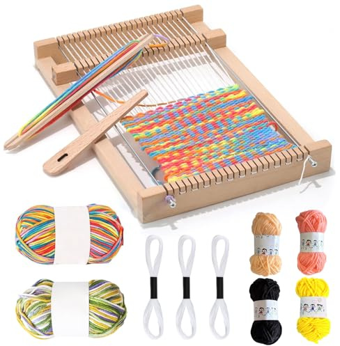 Qcdou Maquina de Tejer, 19x29 cm, Kit de Telar para Niños de 6 a 12 Años, con Lana de Colores, Palillo, Peine, Aguja de Tejer de Madera para Principiantes y Niños