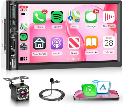 2 Din Wireless Carplay Android Auto Double Din Car Stereo, Rimoody 7 Inch Touchscreen Car Radio with Mirror Link, Backup Camera, You-tube, Bluetooth, FM, EQ SWC/USB/SD/AUX, Remote Control