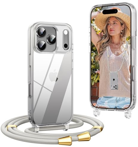 OLEPHY Handykette für iPhone 17 Pro Max Hülle mit Band, Beige | Handyhülle mit Verstellbarem und Demontage Umhängeband, Transparent Stoßfeste Hülle zum Umhängen Kordel, (6,9 Zoll)