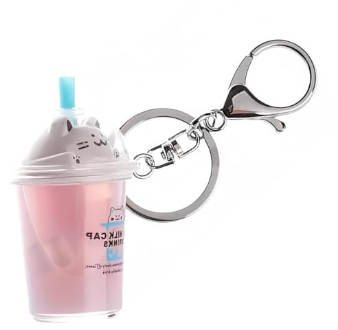 Pchnfei Pink Keychain Milk Tea Cup Key Ring,Cartoon Cat Car Keychain Mini Milk Tea Cup Liquid Crystal Sequin Key Ring Bag Pendant, Bags and Backpacks Accessories