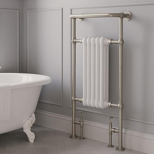 Go Bathrooms Traditional Towel Radiator 938x500mm Nickel | Traditional cast iron style bathroom towel radiator with an interior white column panel and brushed nickel frame.