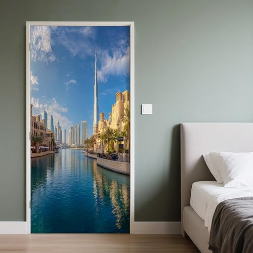 Dubai Stadtbild Türaufkleber Türfolie Burj Khalifa Türtapete Selbstklebend Dubai Skyline Türfolie Selbstklebend PVC Wasserdich Abnehmbar für Wohnzimmer Schlafzimmer Bad 86x200cm