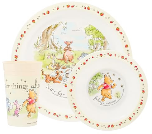 Disney Set da tavola per bambini in polipropilene con Winnie the Pooh on a Picnic – include piatto, ciotola e bicchiere con Winnie the Pooh & Friends – Adatto al microonde e alla lavastoviglie – per