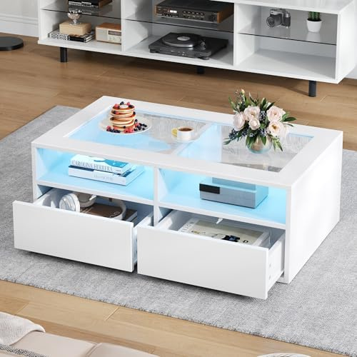 Coolfish Coffee Table with LED Lights & Glass Top, 2 Drawers + Open Storage Center Table with APP Controlled Lighting, for Living Room Office, 100x50x35cm, White
