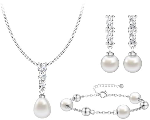Sllaiss Brautschmuck Set Damen mit Perlen und 5A Zirkonia Hypoallergene Platinbeschichtet Schmuckset für Hochzeit Party Braut Ohrringe Silber 925 Perlenohrringe Halskette Armband Elegant für Frauen