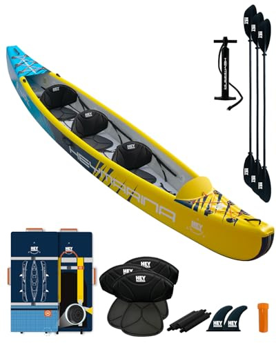 Hey Marina aufblasbares Kajak für 3 Personen, Drop-Stitch Tandem Kayak Set für Erwachsene mit Paddeln, Sitzen, Pumpe, Finne & Tragetasche, robust & vielseitig, 460x81x55 cm