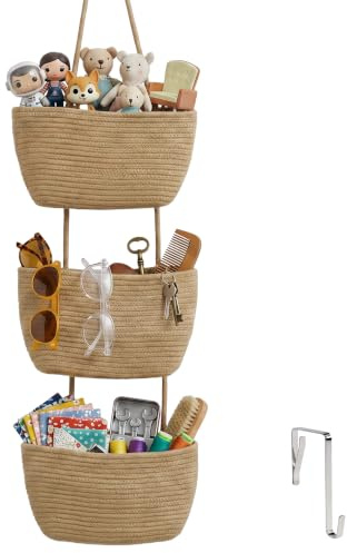 Wandbehang Baumwollkörbe, 3-stöckig Wandorganizer Hängend Khaki Boho Wandkorb Hängekorb Hängeorganizer für Wand Tür mit 1 Haken